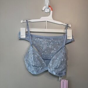 Auden Women's Light Blue Floral Lace Sequin Bralette and Thong Set X-Small NWT